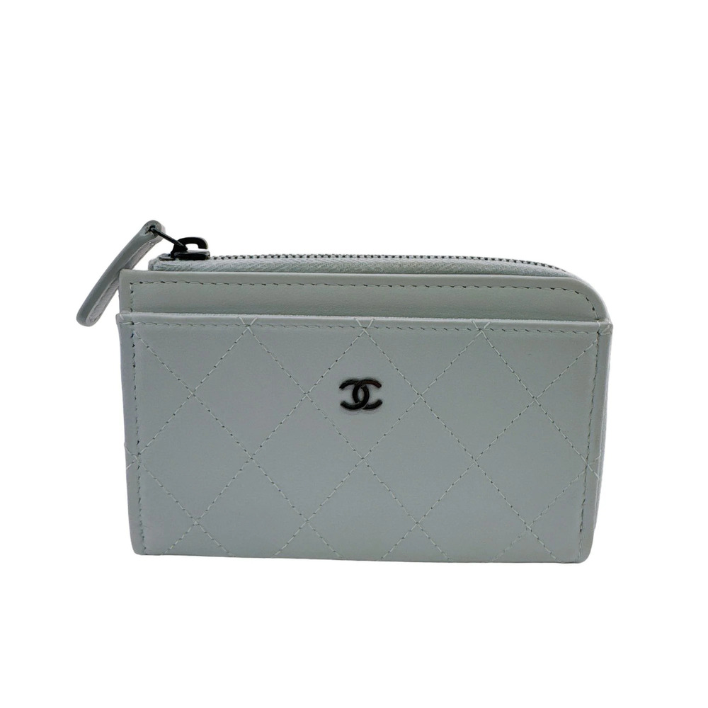CHANEL Matelassé Coco Mark Calfskin Leather Fragment Case Coin Purse Blue Wom...